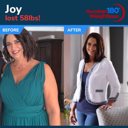 Before and After of Joy, who lost 58 lbs.